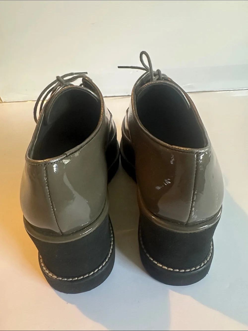 Stuart Weitzman Kent Shiny Taupe Platform Derby Oxfords